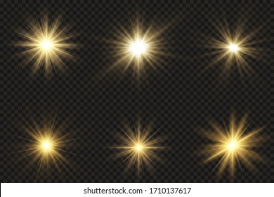 Conjunto de destellos, luces y sombras sobre un fondo transparente. El oro brillante resplandece y resplandece. Luces de oro abstractas aisladas Rayos de luz brillantes. Líneas brillantes. Ilustración vectorial, pasos 10.