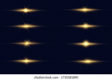 Set of flashes, Lights and Sparkles on a transparent background. Bright gold flashes and glares. Abstract golden lights isolated Bright rays of light. Glowing lines. Vector illustration eps 10.
