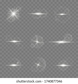 Set of flashes, Lights and Sparkles on a transparent background. Bright gold flashes and glares. Abstract golden lights isolated Bright rays of light. Glowing lines.