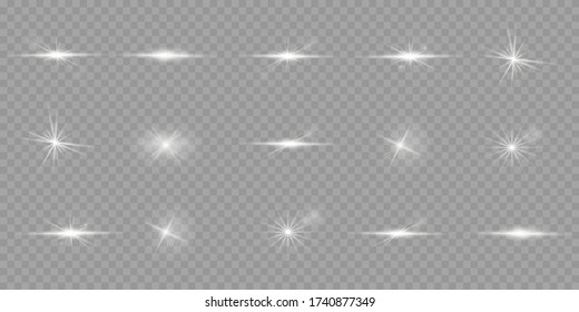 Set of flashes, Lights and Sparkles on a transparent background. Bright gold flashes and glares. Abstract golden lights isolated Bright rays of light. Glowing lines.