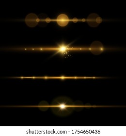 Set of flashes, Lights, Sparkles on transparent background. Bright gold glares. Abstract golden lights isolated. Yellow horizontal lens flares pack. Laser beams, horizontal light rays, lines. Vector