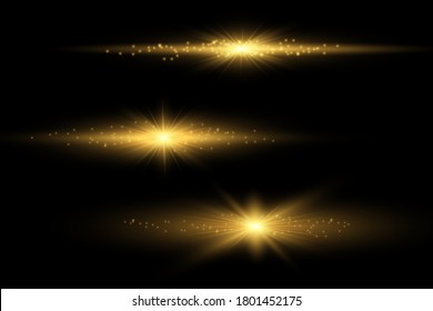 Set of flashes, Lights and Sparkles on a transparent background. Bright gold flashes and glares. Abstract golden lights isolated Bright rays of light. Glowing lines. Vector illustration eps 10.