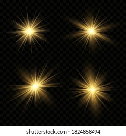 Set of flashes, Lights and Sparkles on a transparent background. Bright gold flashes and glares. Abstract golden lights isolated Bright rays of light. Glowing lines. Vector illustration eps 10.