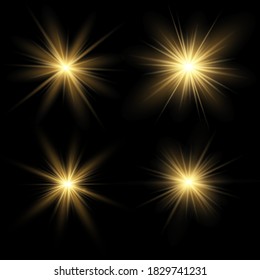 Conjunto de destellos, luces y parkles sobre un fondo transparente. El oro brillante estalla y se resplandece. Resumen de luces doradas aisladas Rayos luminosos. Líneas brillantes. Ilustración vectorial eps 10.