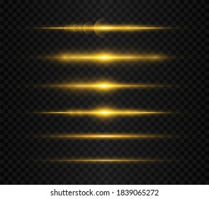 Conjunto de destellos, luces, espárragos sobre fondo transparente. Paquete de bengalas horizontales. Rayos solares. Vigas láser, rayos de luz horizontales. Llamadas de oro. Ilustración del vector, EPS 10.