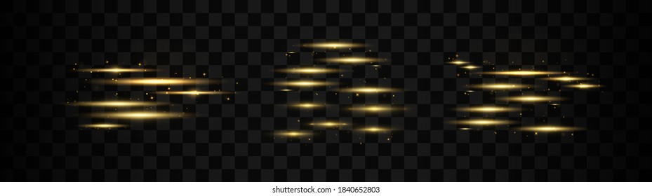 Conjunto de destellos, luces, destellos sobre fondo transparente. Vigas láser, rayos de luz horizontales. Paquete de bengalas horizontales. Rayos solares. Patrón abstracto de Navidad.