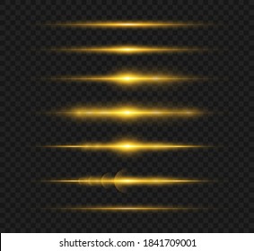 Set of flashes, Lights, Sparkles on transparent background. Horizontal lens flares pack. Sun rays. Laser beams, horizontal light rays. Gold light flares. Vector illustration, EPS 10.