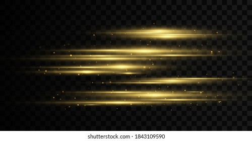 Conjunto de destellos, luces, espárragos sobre fondo transparente. Paquete de bengalas horizontales. Rayos solares. Vigas láser, rayos de luz horizontales. Llamadas de oro. Ilustración del vector, EPS 10.