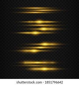 Conjunto de destellos, luces, espárragos sobre fondo transparente. Paquete de bengalas horizontales. Rayos solares. Vigas láser, rayos de luz horizontales. Llamadas de oro. Ilustración del vector, EPS 10.