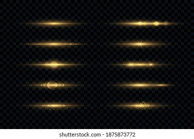 Set of flashes, Lights, Sparkles on transparent background. Horizontal lens flares pack. Sun rays. Laser beams, horizontal light rays. Gold light flares. Vector illustration, EPS 10.