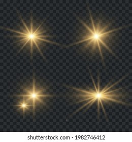 Set of flashes, Lights and Sparkles on a transparent background. Bright gold flashes and glares. Abstract golden lights isolated Bright rays of light. Glowing lines. Vector illustration eps 10