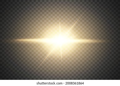 Set of flashes, Lights, Sparkles on transparent background. Bright gold glares. Abstract golden lights isolated. Yellow horizontal lens flares pack. Laser beams, horizontal light rays, lines. Vector