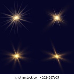 Set of flashes, Lights and Sparkles on a transparent background. Bright gold flashes and glares. Abstract golden lights isolated Bright rays of light. Glowing lines. Vector illustration eps 10.