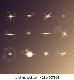 Set of flashes, Lights and Sparkles on a transparent background. Bright gold flashes and glares. Abstract golden lights isolated Bright rays of light. Glowing lines.