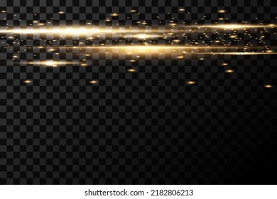 Set of flashes, Lights, Sparkles on transparent background. Bright gold glares. Abstract golden lights isolated. Yellow horizontal lens flares pack. Laser beams, horizontal light rays, lines. Vector
