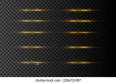 Set of flashes, Lights, Sparkles on transparent background. Bright gold glares. Abstract golden lights isolated. Yellow horizontal lens flares pack. Laser beams, horizontal light rays, lines. Vector
