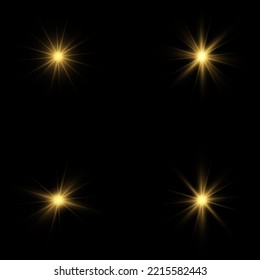 Set of flashes, Lights and Sparkles on a transparent background. Bright gold flashes and glares. Abstract golden lights isolated Bright rays of light. Glowing lines. Vector illustration eps 10.