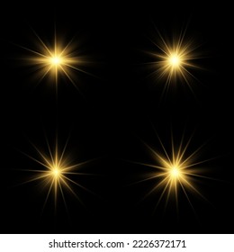Set of flashes, Lights and Sparkles on a transparent background. Bright gold flashes and glares. Abstract golden lights isolated Bright rays of light. Glowing lines. Vector illustration eps 10.