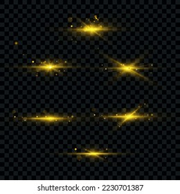 Set of flashes, Lights, Sparkles on transparent background. Bright gold glares. Abstract golden lights isolated. Yellow horizontal lens flares pack. Laser beams, horizontal light rays, lines. Vector