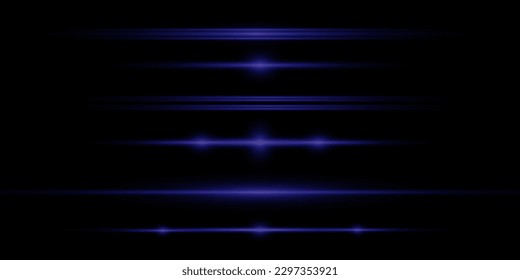 Un conjunto de destellos, luces y destellos sobre un fondo negro. Luces brillantes y resplandor. Resumen luces aisladas Rayos de luz brillantes. Líneas brillantes. Ilustración vectorial eps 10