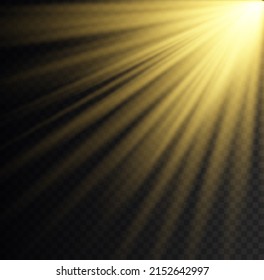 Set of flashes, lights and sparkles. Yellow glowing explode effect and sun rays shine. Sunlight realistic effect. Gold sparkle flash star, golden spotlight. Blur in the light of radiance. Vector