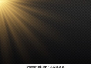 Set of flashes, lights and sparkles. Yellow glowing explode effect and sun rays shine. Sunlight realistic effect. Gold sparkle flash star, golden spotlight. Blur in the light of radiance. Vector