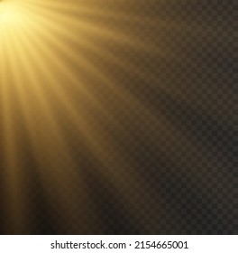 Set of flashes, lights and sparkles. Yellow glowing explode effect and sun rays shine. Sunlight realistic effect. Gold sparkle flash star, golden spotlight. Blur in the light of radiance. Vector