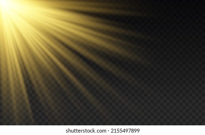 Set of flashes, lights and sparkles. Yellow glowing explode effect and sun rays shine. Sunlight realistic effect. Gold sparkle flash star, golden spotlight. Blur in the light of radiance. Vector