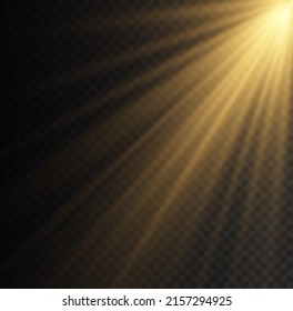 Conjunto de destellos, luces y destellos. El efecto explosivo del brillo amarillo y los rayos del sol brillan. Efecto realista de la luz solar. Estrella brillante con brillo dorado, foco dorado. Desenfoque a la luz de la radiación. Vector