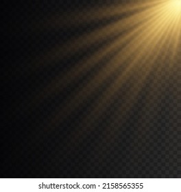 Set of flashes, lights and sparkles. Yellow glowing explode effect and sun rays shine. Sunlight realistic effect. Gold sparkle flash star, golden spotlight. Blur in the light of radiance. Vector