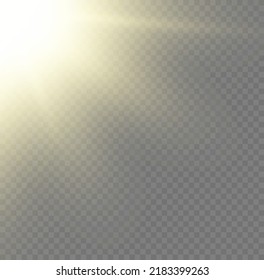 Conjunto de destellos, luces y destellos. El efecto explosivo del brillo amarillo y los rayos del sol brillan. Efecto realista de la luz solar. Estrella brillante con brillo dorado, foco dorado. Desenfoque a la luz de la radiación. Vector