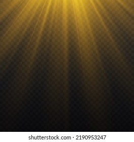 Conjunto de destellos, luces y destellos. El efecto explosivo del brillo amarillo y los rayos del sol brillan. Efecto realista de la luz solar. Estrella brillante con brillo dorado, foco dorado. Desenfoque a la luz de la radiación. Vector