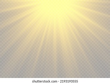 Set of flashes, lights and sparkles. Yellow glowing explode effect and sun rays shine. Sunlight realistic effect. Gold sparkle flash star, golden spotlight. Blur in the light of radiance. Vector