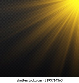 Set of flashes, lights and sparkles. Yellow glowing explode effect and sun rays shine. Sunlight realistic effect. Gold sparkle flash star, golden spotlight. Blur in the light of radiance. Vector