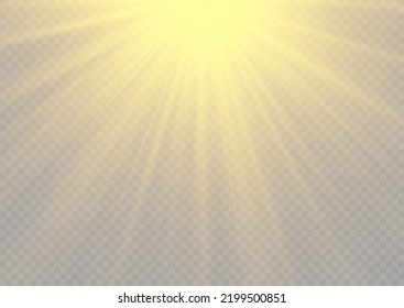 Set of flashes, lights and sparkles. Yellow glowing explode effect and sun rays shine. Sunlight realistic effect. Gold sparkle flash star, golden spotlight. Blur in the light of radiance. Vector