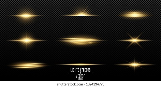 Set of flashes, lights and sparks. Abstract golden lights isolated on a transparent background. Bright gold flashes and glares. Bright rays of light. Glowing lines. Vector illustration. EPS 10