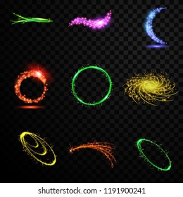 Set of flashes, lights and sparks. Abstract lights isolated on a transparent background. Bright rays of light. Glowing lines. Vector illustration. EPS 10