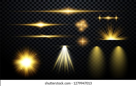 	
Set of flashes, lights and sparks. Abstract golden lights isolated on a transparent background. Bright gold flashes and glares. Bright rays of light. Glowing lines. Vector illustration.