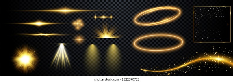 Set of flashes, lights and sparks. Abstract golden lights isolated on a transparent background. Bright gold flashes and glares. Bright rays of light. Glowing lines. Vector illustration.