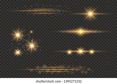 Conjunto de destellos, luces y chispas. Luces de oro abstractas aisladas en un fondo transparente. El oro brillante resplandece y resplandece. Brillantes rayos de luz. Líneas brillantes.Ilustración vectorial. EPS 10
