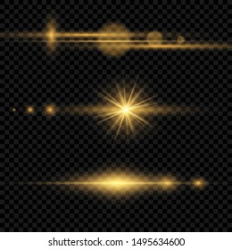 Set of flashes, lights and sparks. Abstract golden lights isolated on a transparent background. Bright gold flashes and glares. Bright rays of light. Glowing lines. Vector illustration. EPS 10