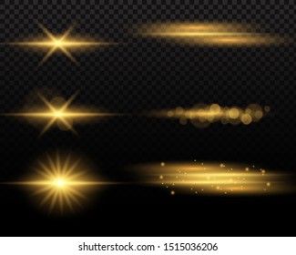 Set of flashes, lights and sparks. Abstract golden lights isolated on a transparent background. Bright gold flashes and glares. Bright rays of light. Glowing lines. Vector illustration. EPS 10