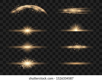 Set of flashes, lights and sparks. Abstract golden lights isolated on a transparent background.  Glowing lines. Vector blur in the light of radiance. 