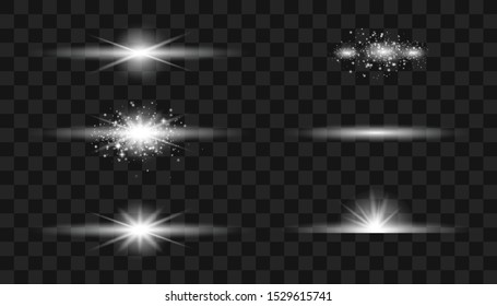 Reihe von Blitzen, Lichtern und Funken. Abstrakte goldene Lichter einzeln auf transparentem Hintergrund.  Glühende Linien. Vektorillustration unscharf im Licht der Strahlung. Dekor. Horizontale Lichtstrahlen.
