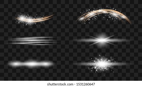 Set of flashes, lights and sparks. Abstract golden lights isolated on a transparent background.  Glowing lines. Element of decor. Horizontal rays of light. Bright gold flashes and glares.