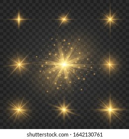 Set of flashes, lights and sparks. Abstract golden lights isolated on a transparent background. Bright gold flashes and glares. Bright rays of light. Glowing lines. Vector illustration. EPS 10