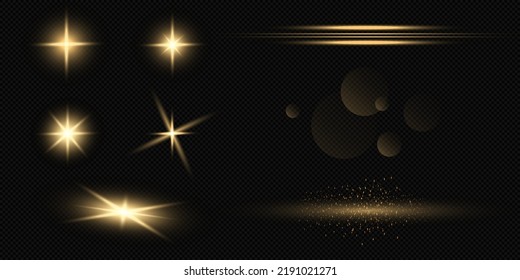 Juego de destellos, luces y chispas. Resumen de luces doradas aisladas en un fondo transparente. El oro brillante estalla y se resplandece. Rayos luminosos. Líneas brillantes. Ilustración vectorial. EPS 10