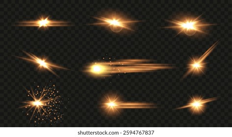 Set of flashes, lights and sparks. Abstract golden lights isolated on a transparent background. Bright gold flashes and glares. Bright rays of light. Glowing lines. Vector illustration. EPS 10