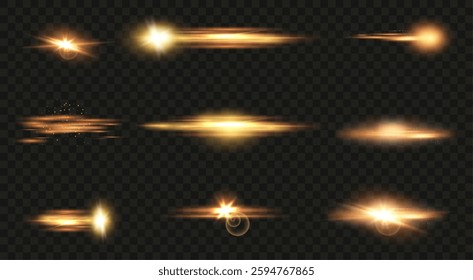 Set of flashes, lights and sparks. Abstract golden lights isolated on a transparent background. Bright gold flashes and glares. Bright rays of light. Glowing lines. Vector illustration. EPS 10