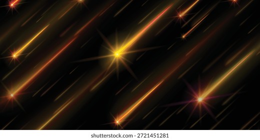 Conjunto de destellos, luces y chispas. Abstractas luces doradas aisladas sobre un fondo transparente. El oro brillante destella y resplandece. Brillantes rayos de luz. Líneas brillantes eps10